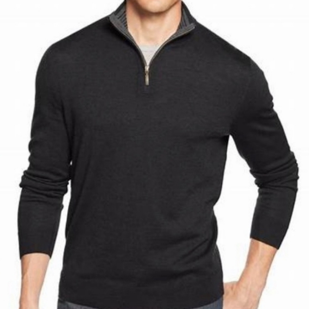 Club Room Sweater Men Black Italian Spun Marino Wool Blend 1/4 Zip Long Sleeve L